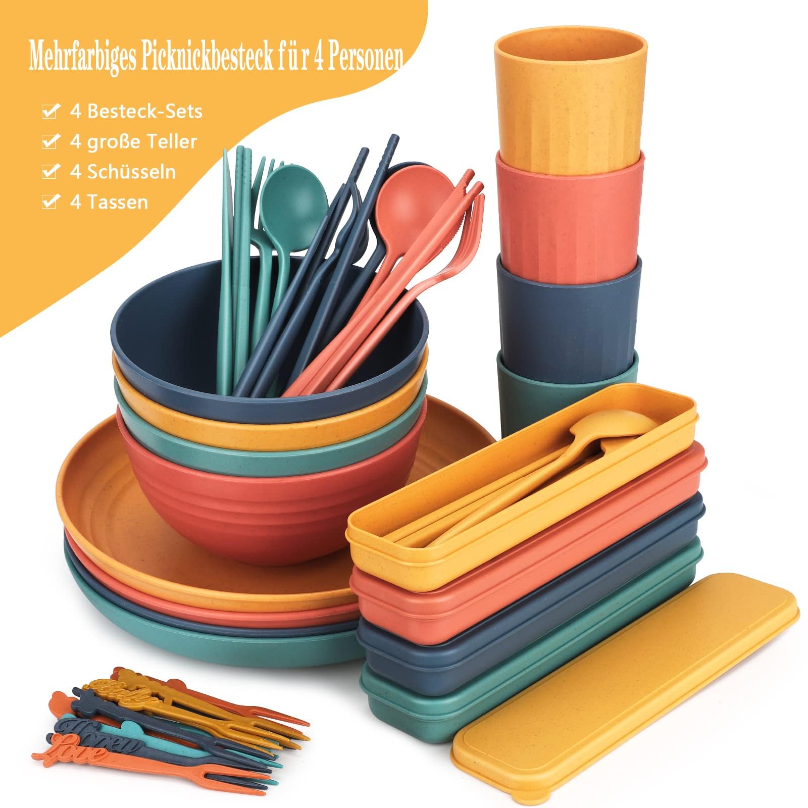 Set de Vaisselle de Camping Indestructible 44 Pièces - Assiettes et Bols Réutilisables pour 4 Personnes - Tasses et Couverts Complets pour Pique-nique, Fêtes et Famille
