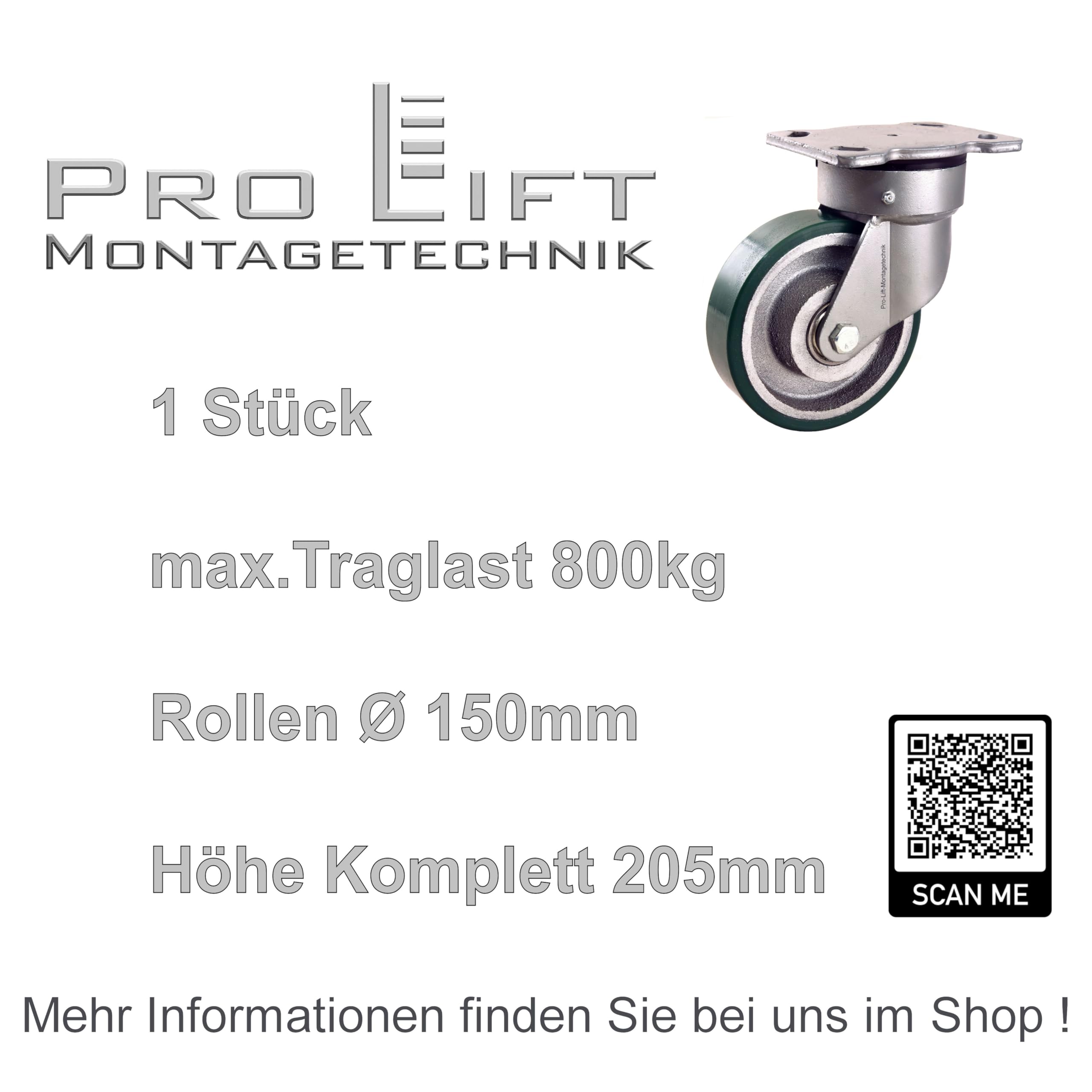 1 Stück: 800kg Lenkrolle, Ø150mm, PU-Rollenbelag, M, 01933