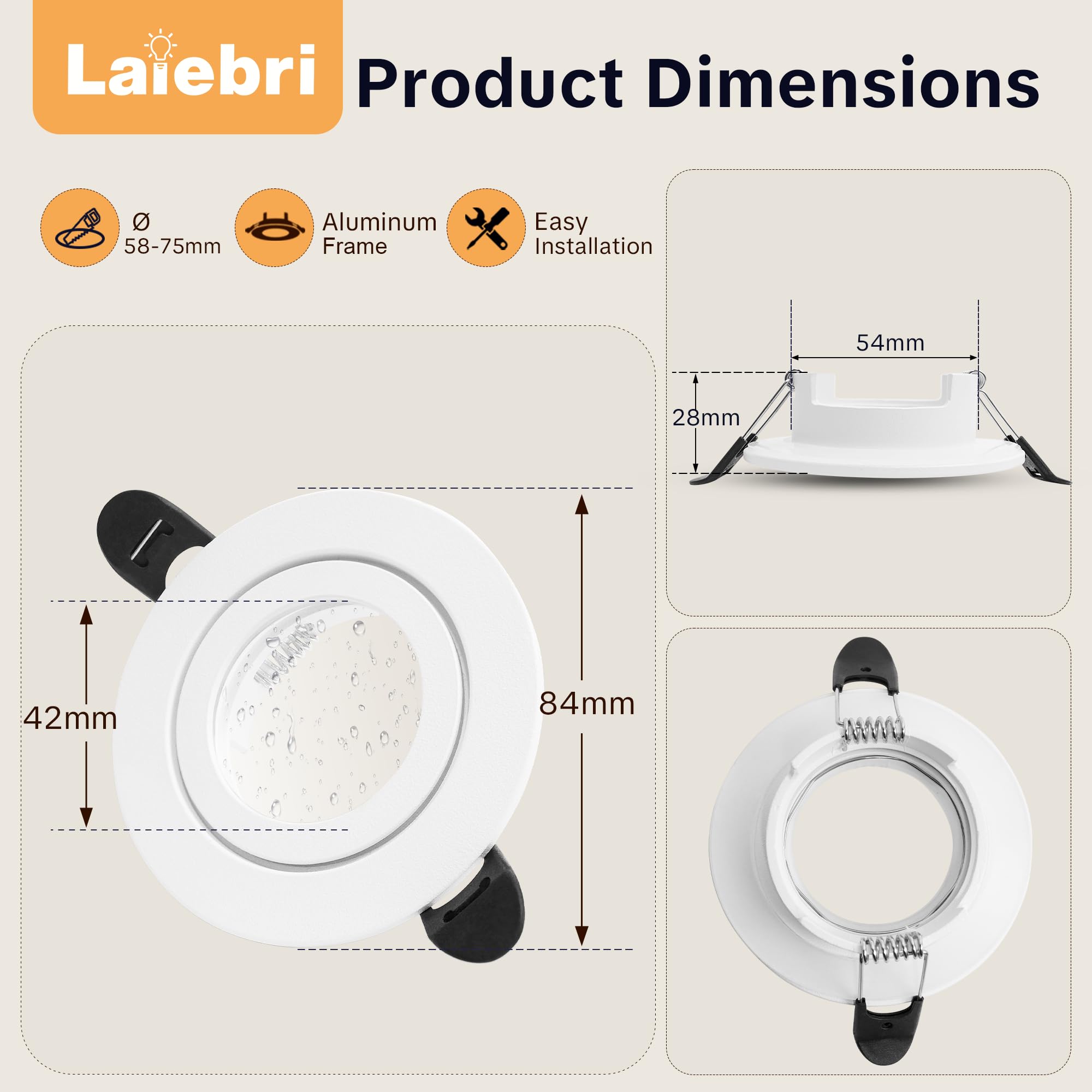 6 x Marco Foco Empotrable GU10 IP65, Apertura 58-75mm Marco Ojos de Buey LED para Techo Incl. Portalámparas GU10, Redondo Aluminio Downlight LED Techo Empotrable, Blanco