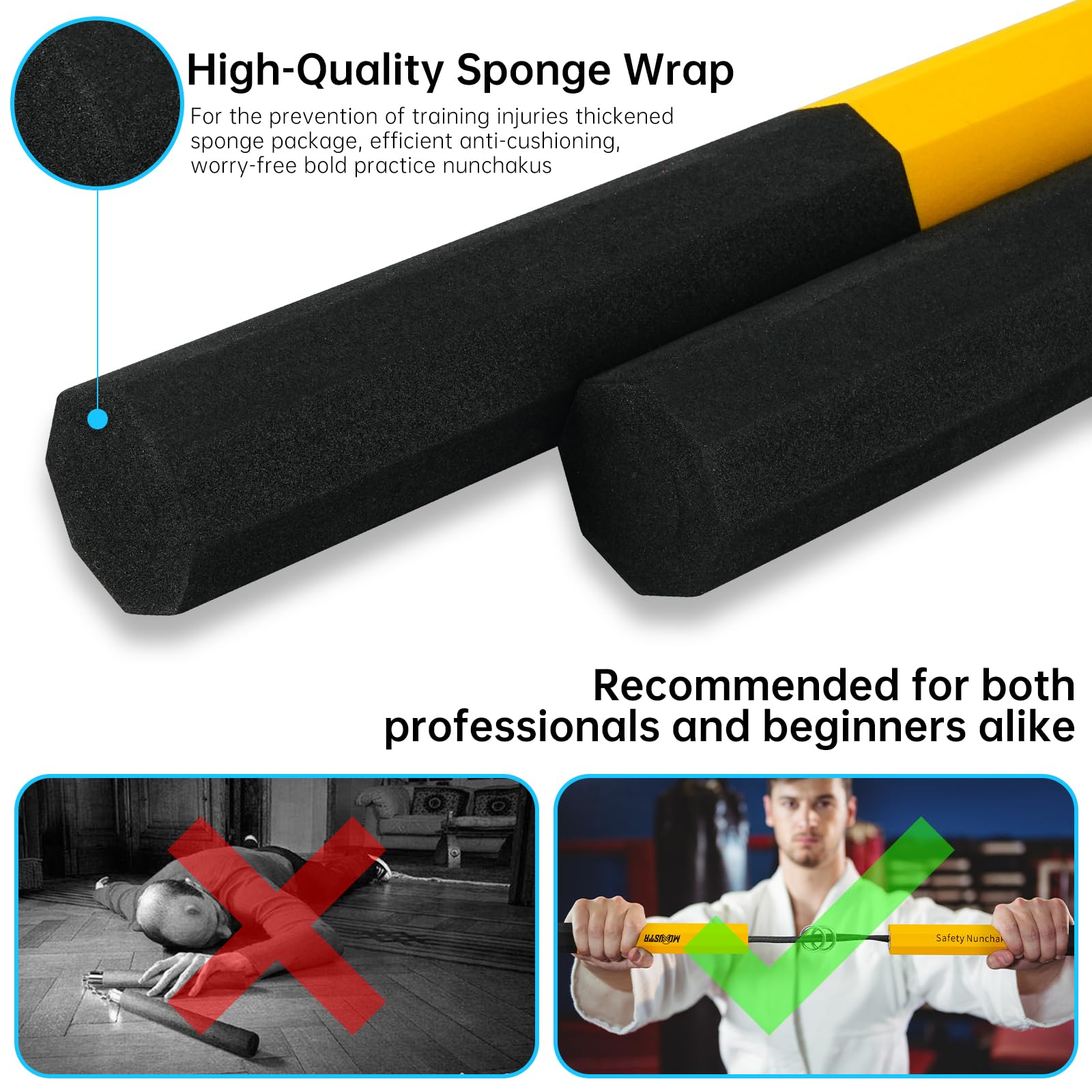 MOXIISTR Safe Foam Rubber Cord Nunchakus Ninja Nunchucks with Cord for Beginners Practice and Training (Black+Yellow+Ring)