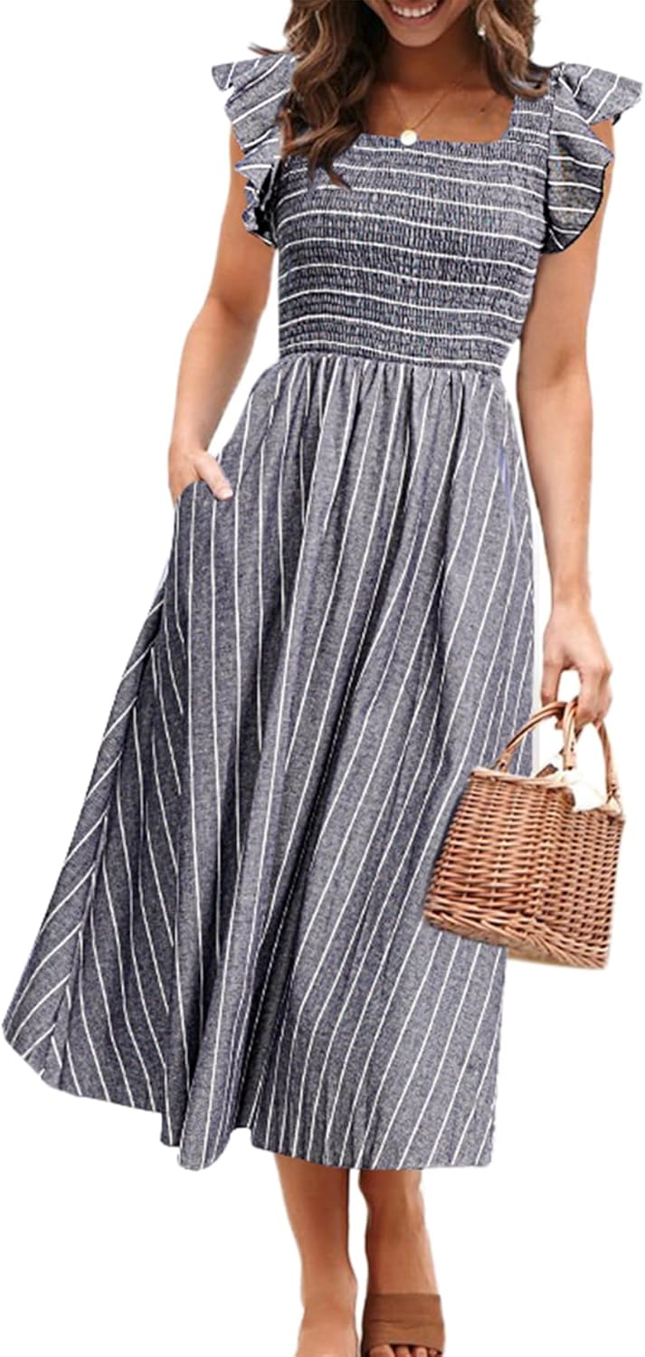 Miessial Womens Summer Smocked Midi Dress Casual Flutter Sleeve Long Boho Flowy A Line Church Modest Dresses with Pockets