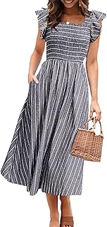 Womens Casual Summer Midi Dress Short Sleeve Smocked Linen Dresses 2025 Boho Beach Wedding Guest Dress with Pockets - Buy now