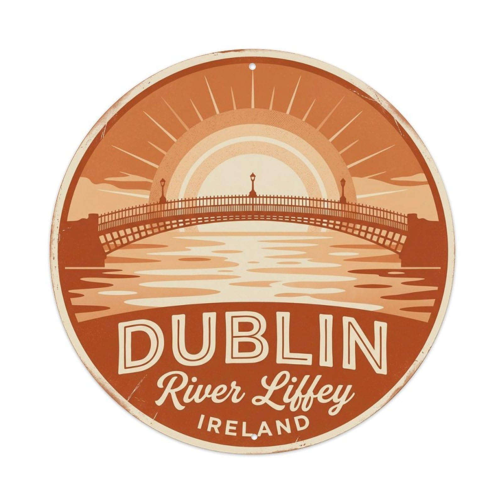 Vintage Travel Dublin Liffey Ireland Artwork Metal Tin Sign Plaque Wall Decor for Cafe, Club, Garden Round Metal Poster 8x8Inch