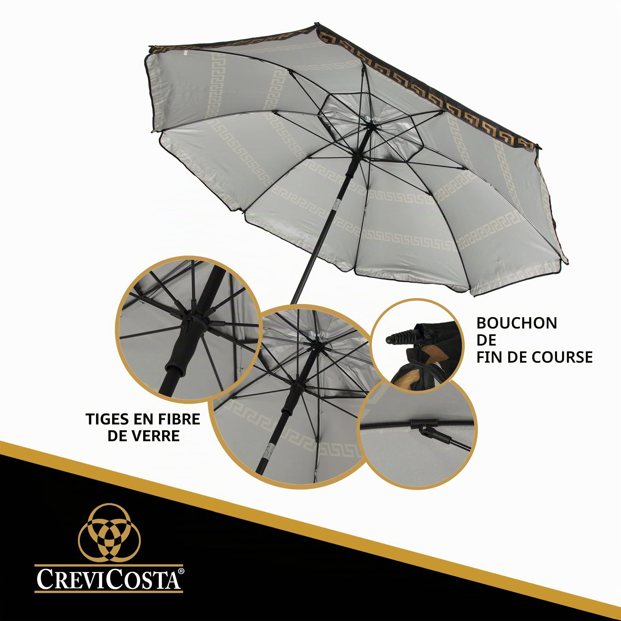 CREVICOSTA QUALITY MARK MARCAS DE CALIDAD Parasol de plage modèle olympienne noir 200cm avec spirale et poteau de voyage total. 8 tiges. Protection totale contre les rayons UV, Olympia noir, 200 cm