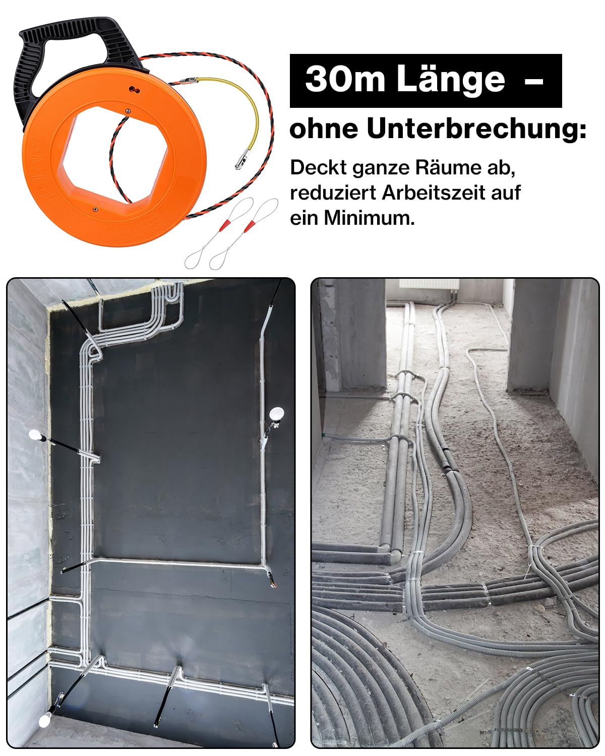 Lytool Kabeleinziehhilfe 30m Einziehspirale mit Einziehfeder, Einziehhilfe für Leerrohre, Kabeleinzugshilfe kabelabroller - 5mm PET Zugdraht Rollenführung für Kabel & Elektroarbeiten