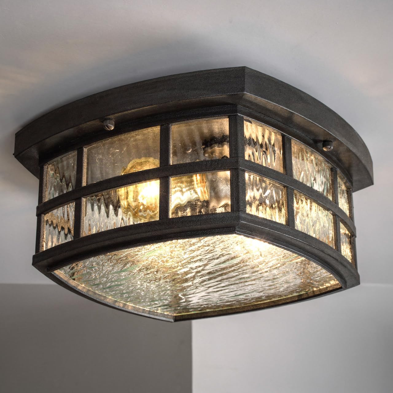 Urban Ambiance Luxury Craftsman Outdoor Ceiling Light, Small Size: 5.75" H x 12" W, with Tudor Style Elements, Highly-Detailed Design, High-End Black Silk Finish and Water Glass, UQL1248