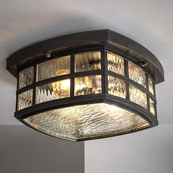 Urban Ambiance Luxury Craftsman Outdoor Ceiling Light, Small Size 5.75" H x 12" W, with Tudor Style Elements, Highly-Detailed Design, High-End Black Silk Finish and Water Glass, UQL1248