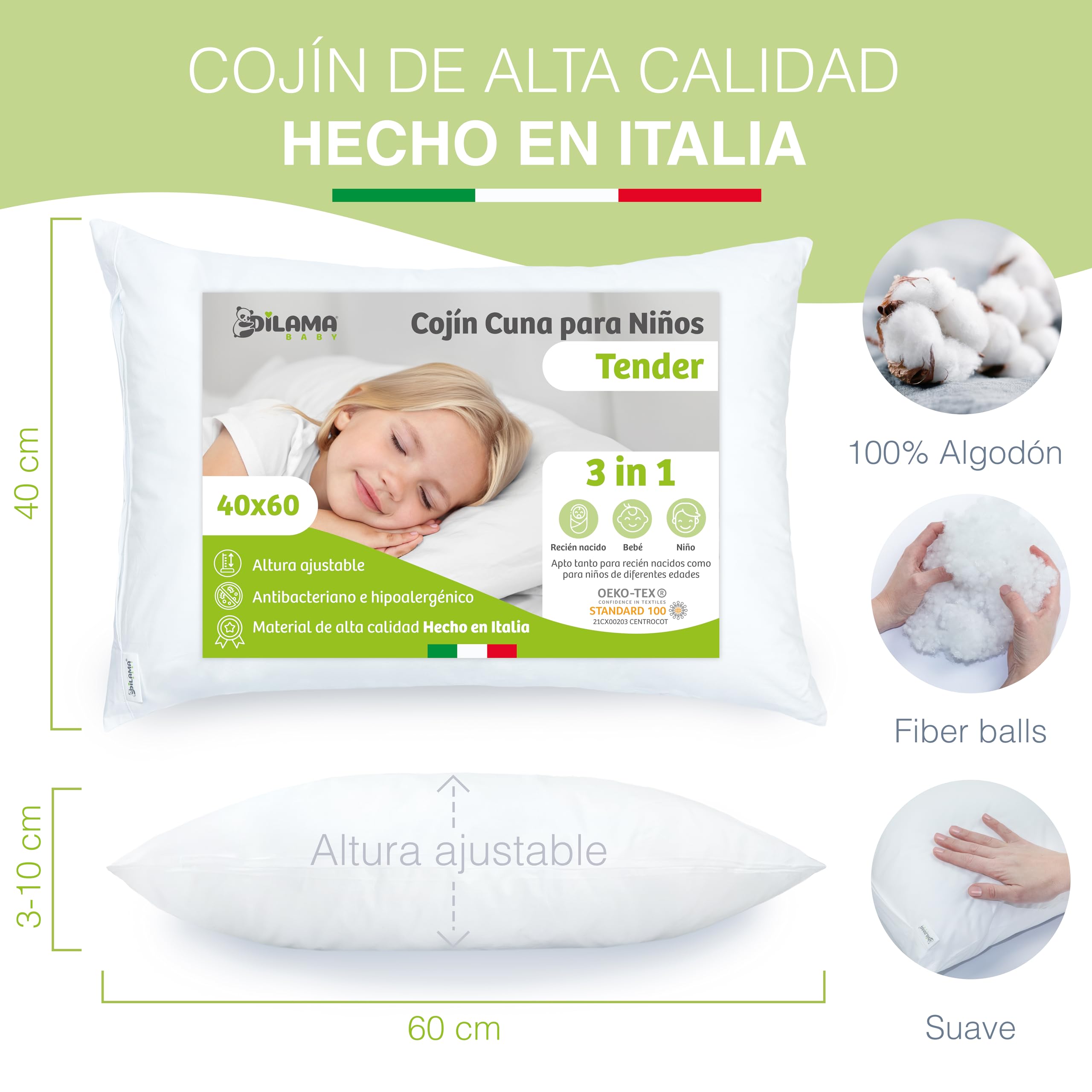 Dilamababy Almohada Infantil Ajustable 2-3 Años - Algodón Percal Hipoalergénico - para Cunas 60x120 cm - Almohada Cuna Bebé - Blanco 100% Algodón