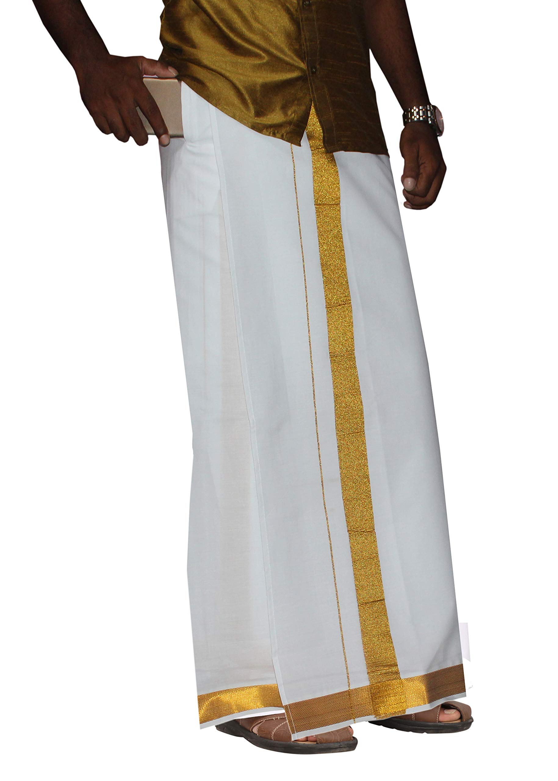 Prakasam Cotton Men's White Colour 2 Inch Gold Jari Border Welcro Pocket Dhoti/Size Hip -46 Inches- Length- 42 Inches