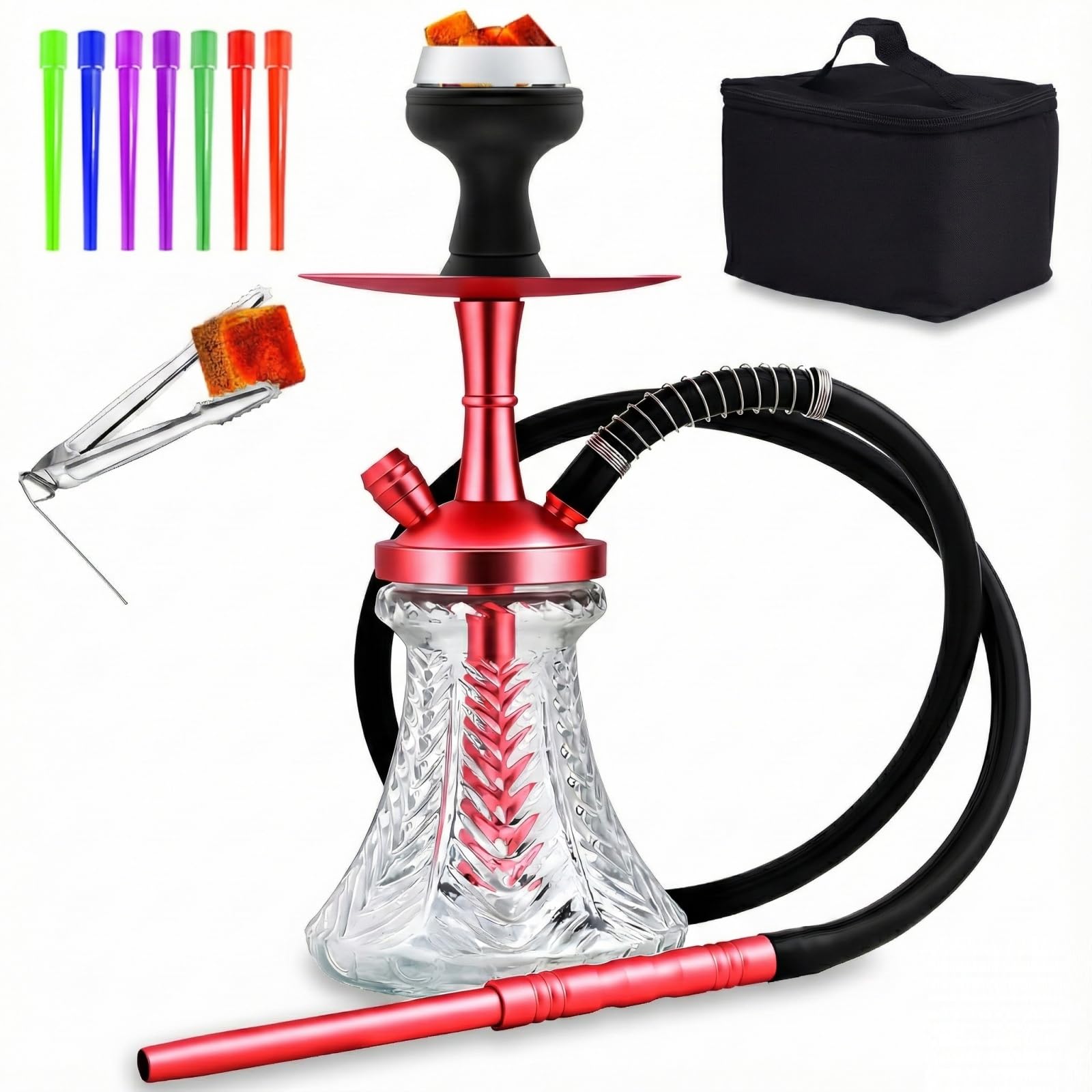 15 Premium Portable Hookah Set - Complete Shisha Kit with Travel Carry Case Glass Vase Silicone Hose Silicone