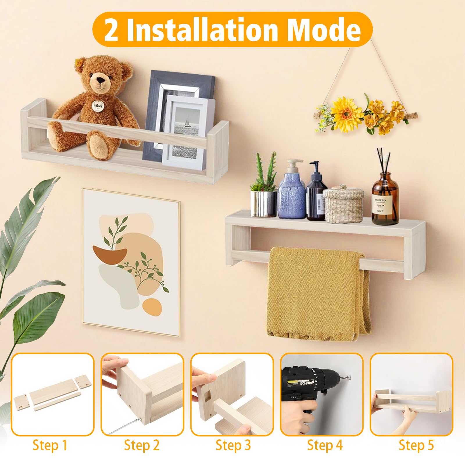 SOONHUA Estanteria Infantil Pared, Juego de 4 Estantes Flotantes de Madera, Estantes Pared de Madera Maciza, Baldas Flotantes para Libros y Juguetes, para Habitación Infantil
