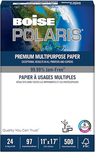 Boise POLARIS Impresora y papel de copia multiusos de alta calidad, 1 resma, blanco, libro mayor (11" x 17"), 500 hojas por resma, 24 libras, 9