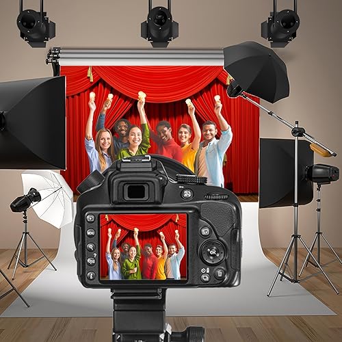 Miniatura 2 de Baocicco Telón de fondo interior de vinilo de 10 x 6.5 pies, luces de escenario para fotografía, fondo de escenario, cortinas rojas, piso de madera,