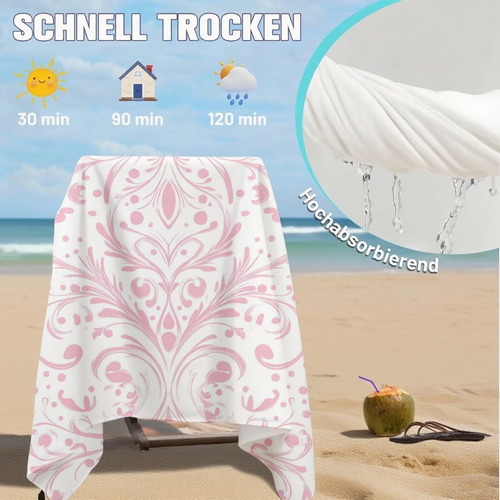 Serviette de Plage XXL 100x200 cm,Rose Serviette Plage Microfibre avec Séchage Rapide, Anti-Sable, Absorbante Fonction Design pour Vacances Piscine Pique-Nique Voyages Yoga, Cadeau Femme Q-659