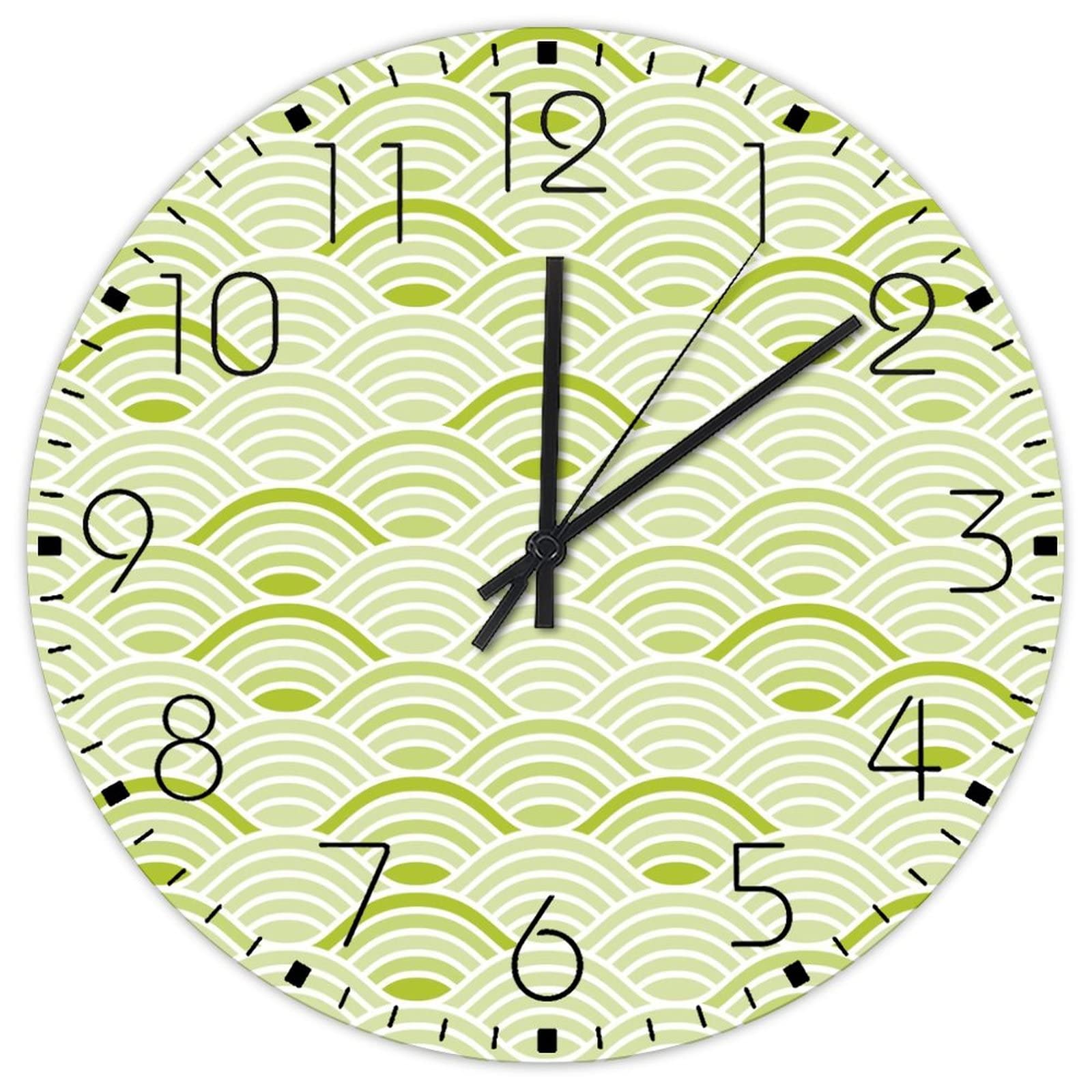 Horloge murale en bois silencieuse à lignes vertes ondulées pour décoration de loft et salon