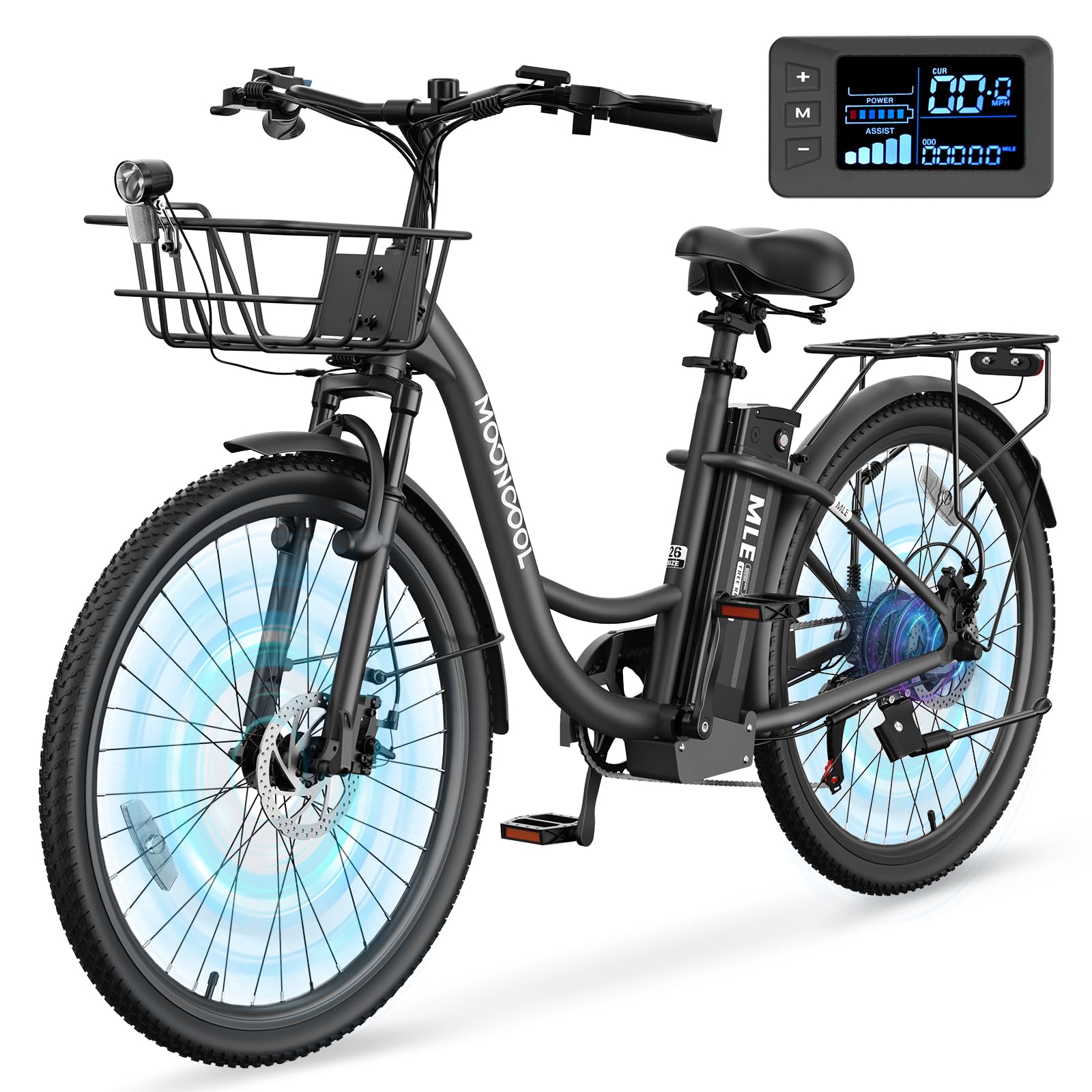 MOONCOOL Electric Bike for Adults, 700W Peak Power 7 Speed Step Through Electric Cruiser Bike, 40 Miles Electric Bicycle with 36V 10.4Ah Battery, Aluminum Frame City Commuter E Bikes for Women, Men
