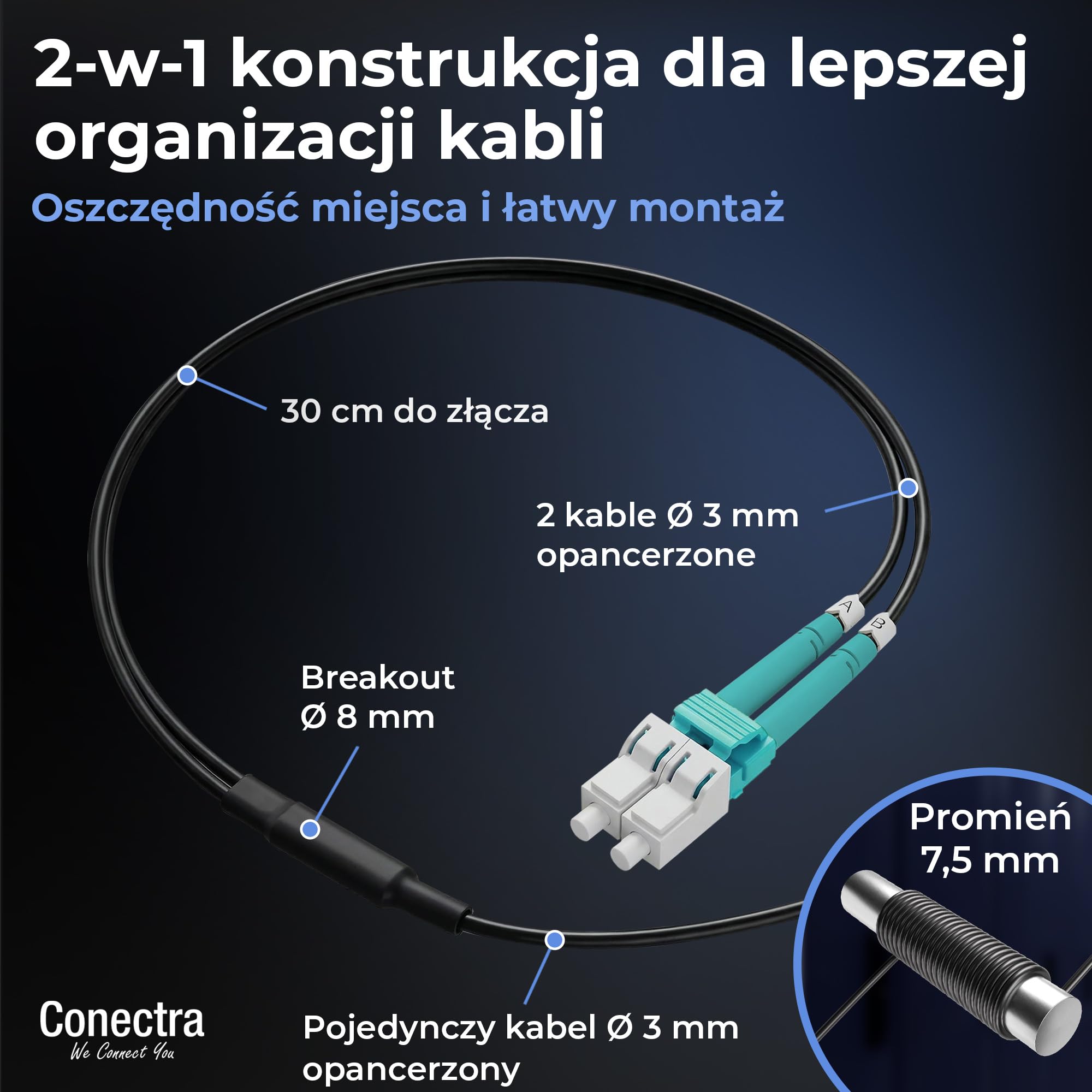 40m Pancerny Kabel Światłowodowy OM3 Duplex Breakout LC/UPC, Patchcord Wielomodowy 50/125, LSZH Wewnętrzny/Zewnętrzny, Przedłużacz Światłowodowy Wzmocniony Patch Sieć ⌀3mm Czarny