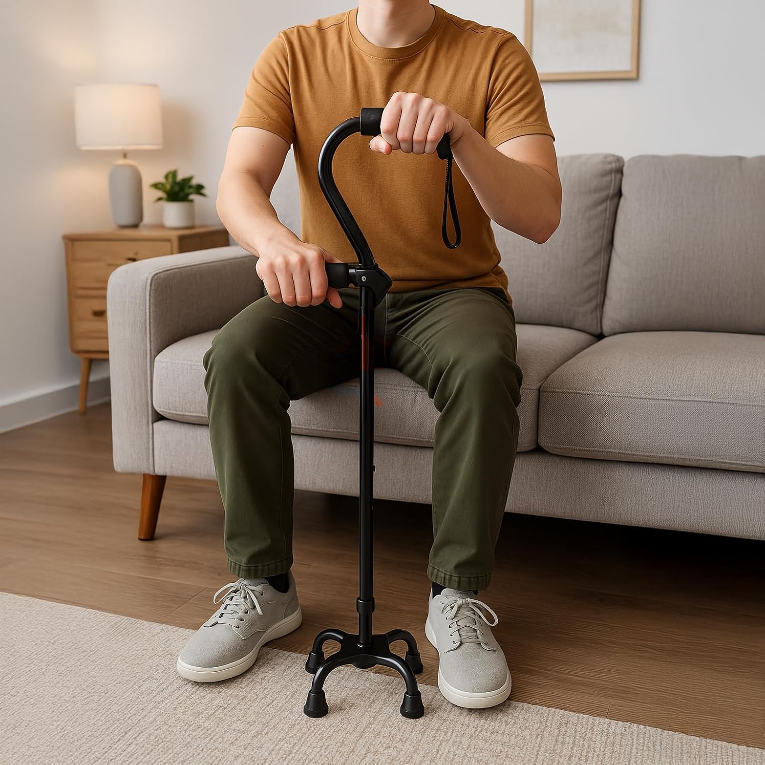 carex uplift quad cane, walking cane for men & women with 4-pronged base for extra balance & stability, walking sticks for seniors & adults with secondary flip down handle for added support
