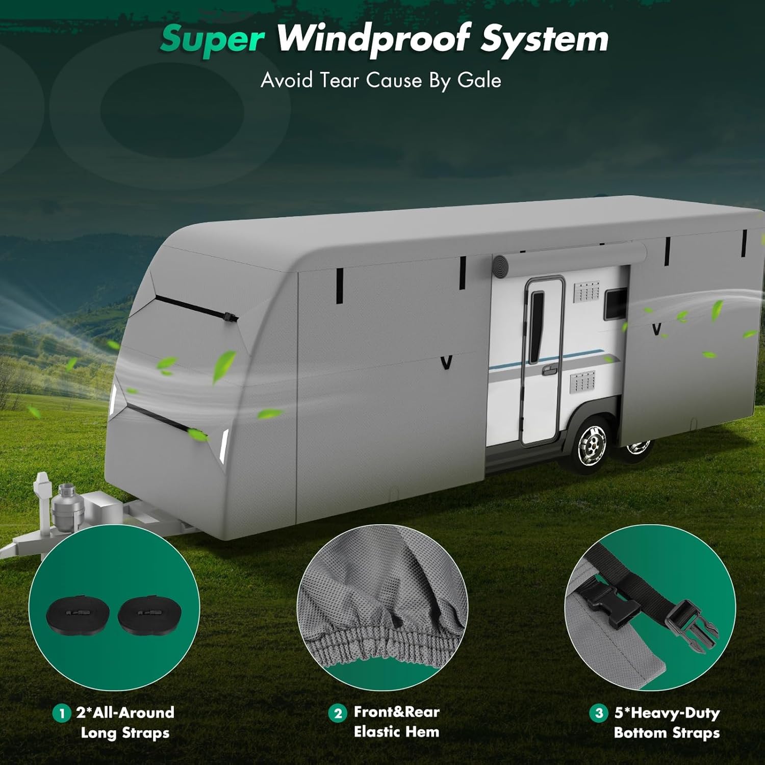 SCITOO 300D Top Oxford Cloth 5th Wheel RV Cover 26'-29' with 4 Tire Covers and Gutter Covers Jack Cover Waterproof Rip-Resistant Anti-UV Winter Camper Cover Toy Hauler Cover RV Travel Cover