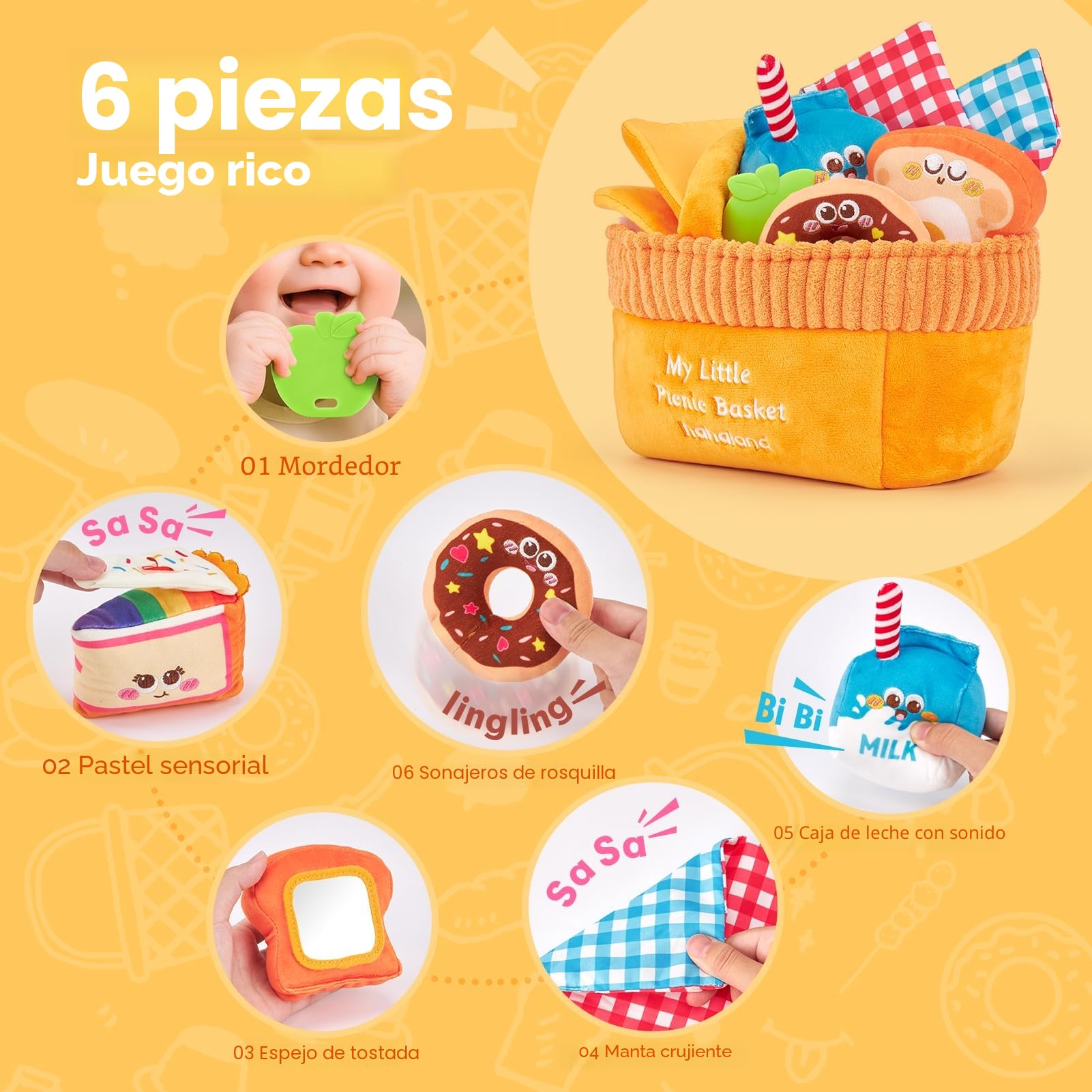 Hahaland Cesta De Picnic De Peluche Con 6 Juguetes Sensoriales | Sonajas, Arrugas Y Espejo | Juguete Montessori Para Bebés De 3 A 12 Meses | Lavable