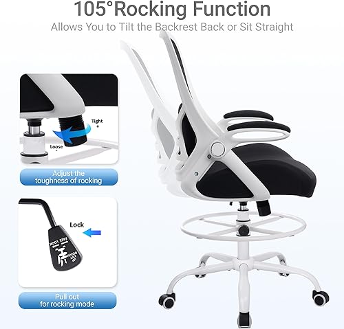 Miniatura 4 de HYLONE Silla de dibujo resistente de 400 libras, asiento grueso de 5 pulgadas, silla de oficina con reposabrazos abatibles, silla ergonómica alta