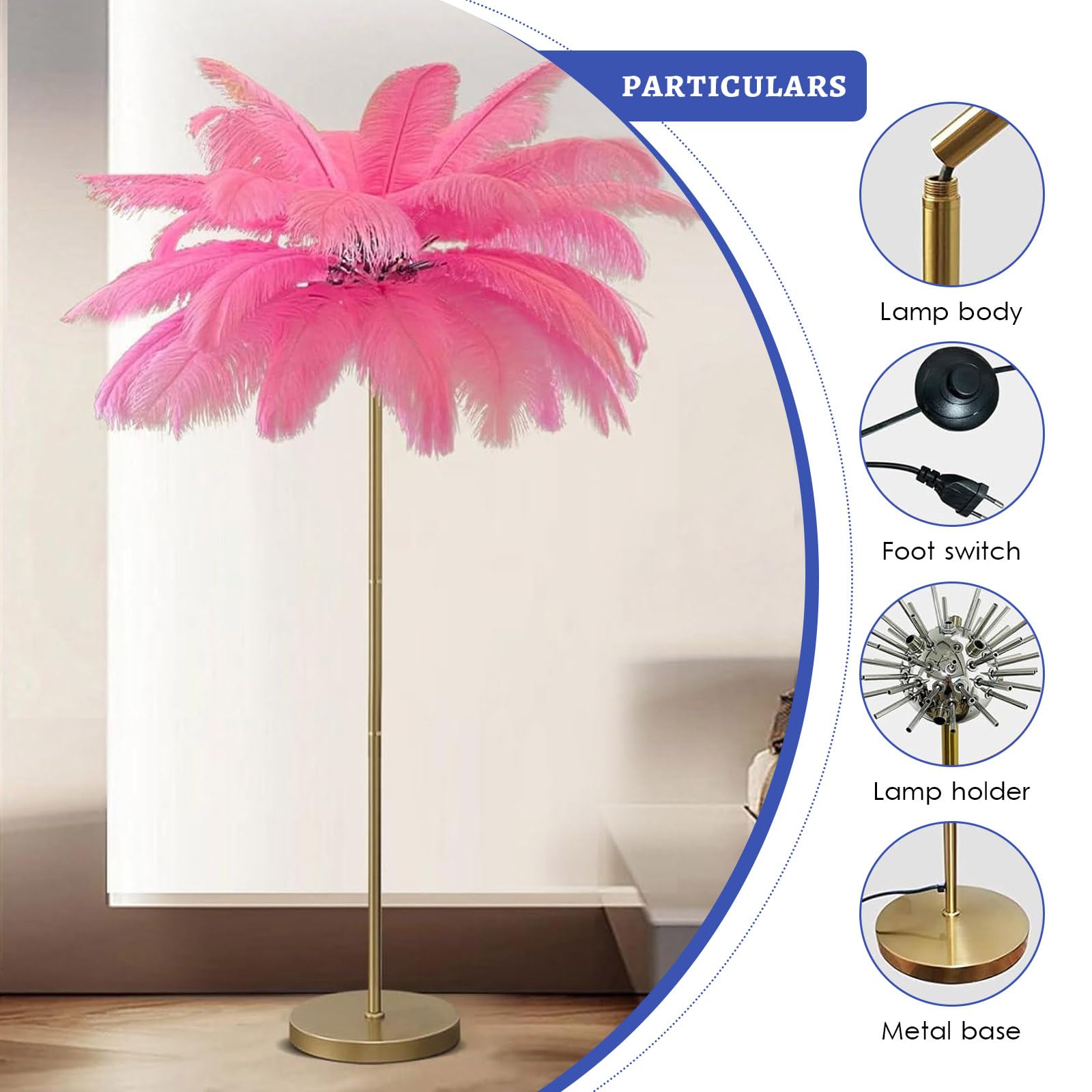 ANram Veer vloerlamp 160 cm met G4-led-lamp, staande lamp met veer en voetschakelaar, elegante struisvogel natuurlijke veren vloerlamp voor slaapkamer, woonkamer wit