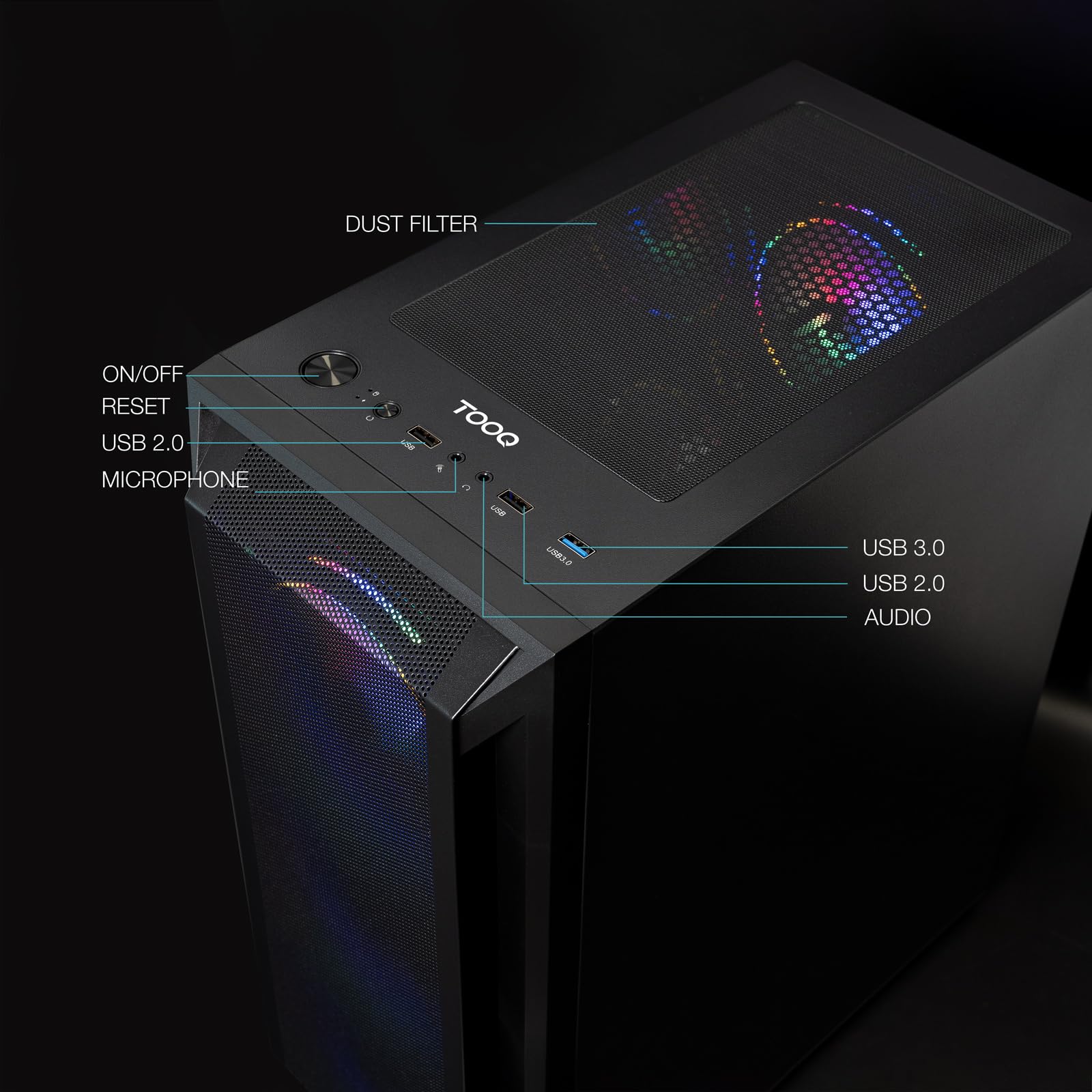 TOOQ TQGCC101-B - Boîtier Semi-Tour Gaming RAGNÄROK ATX/MicroATX/Mini-ITX, Verre trempé, 4 Ventilateurs RGB Inclus, Noir