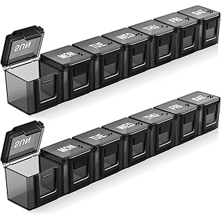 PULIV Weekly Pill Organizer 2 Pack, Large Pill Box 7 Day with Roomy Space, Daily Vitamin Holder Organizer for Medication/Fish Oil/Supplement, Black