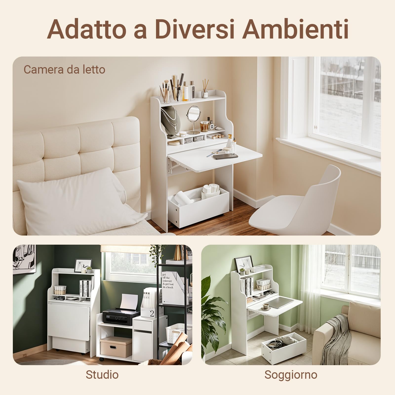 SoBuy Scrivania Pieghevole a Muro Scrivania Salvaspazio Richiudibile con Scatola Portaoggetti con Ruote Tavolo Pieghevole Bianco 64x63x100,6 cm FWT105-II-W