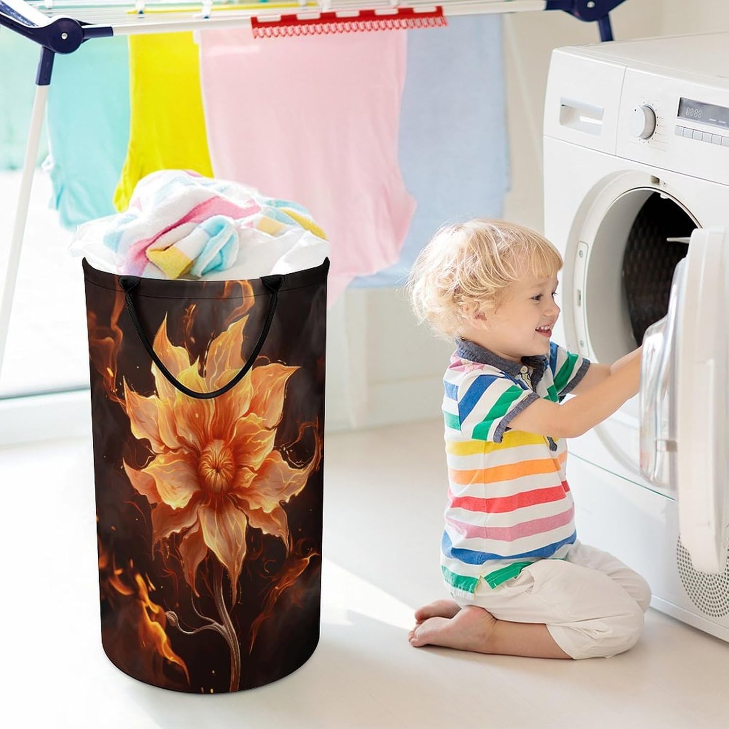 Large Laundry Hamper with Handles Flame Flower Laundry Basket Freestanding Waterproof Clothes Hamper for Living Room Bedroom Bathroom College Dorm