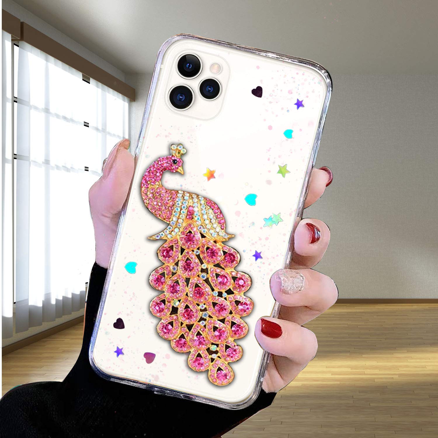 KC Back Cover for Apple iPhone 11 Pro Max, 3D Luxury Epoxy Peacock with Glitter Stars Transparent Soft Silicone Clear TPU Case (Pink)