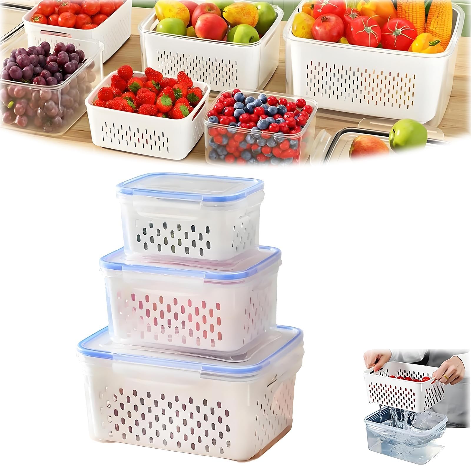 Fruit Storage Containers for Fridge, 4 in 1 Food Storage Container, Produce Storage Containers with Lid and Strainer, Including Drain Basket, Multipurpose Large Fruit Containers for Fridge