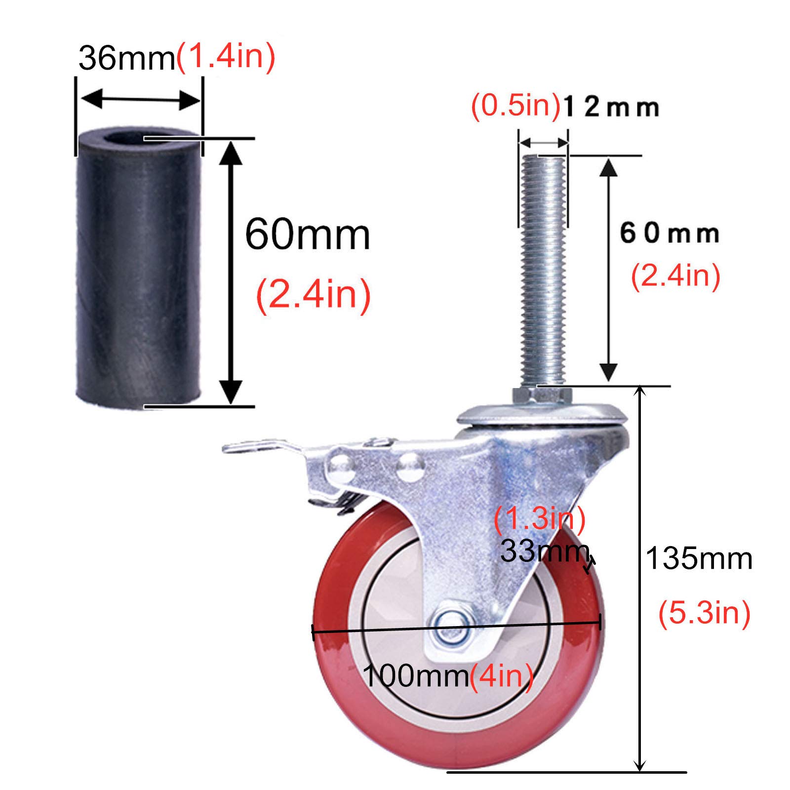 Schwerlastrollen mit Bremse Polyurethan schwenkbar Räder für Werkbank & Möbel Rund Rohr Stift M12×60mm Schraube Bolzen Set von 4 (100mm 4in)