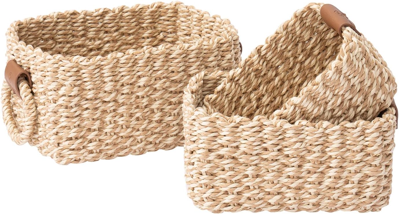 LA JOLIE MUSE Paper Rope Storage Baskets for Organizing, Recycled Wicker Storage Basket Container Bins for Shelves Cupboards Drawer, Small Woven Basket Set of 3 (Yellow White)