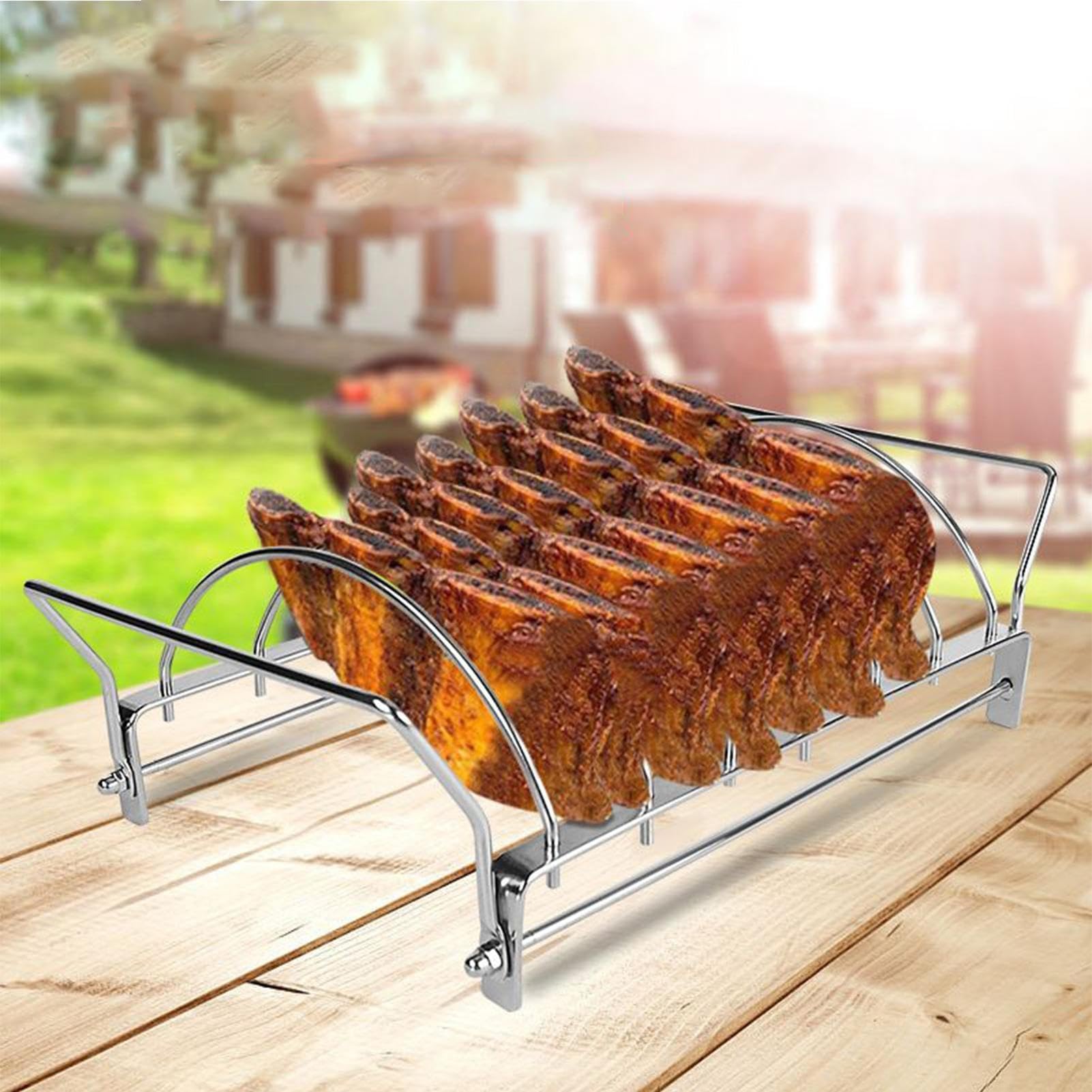 Stojak żeberkowy ze stali nierdzewnej do grillowania, składany, nierdzewny stojak do pieczenia z 6 przegródkami, idealne akcesorium do grilla, wieprzowiny, wołowiny i gotowania skrzydeł