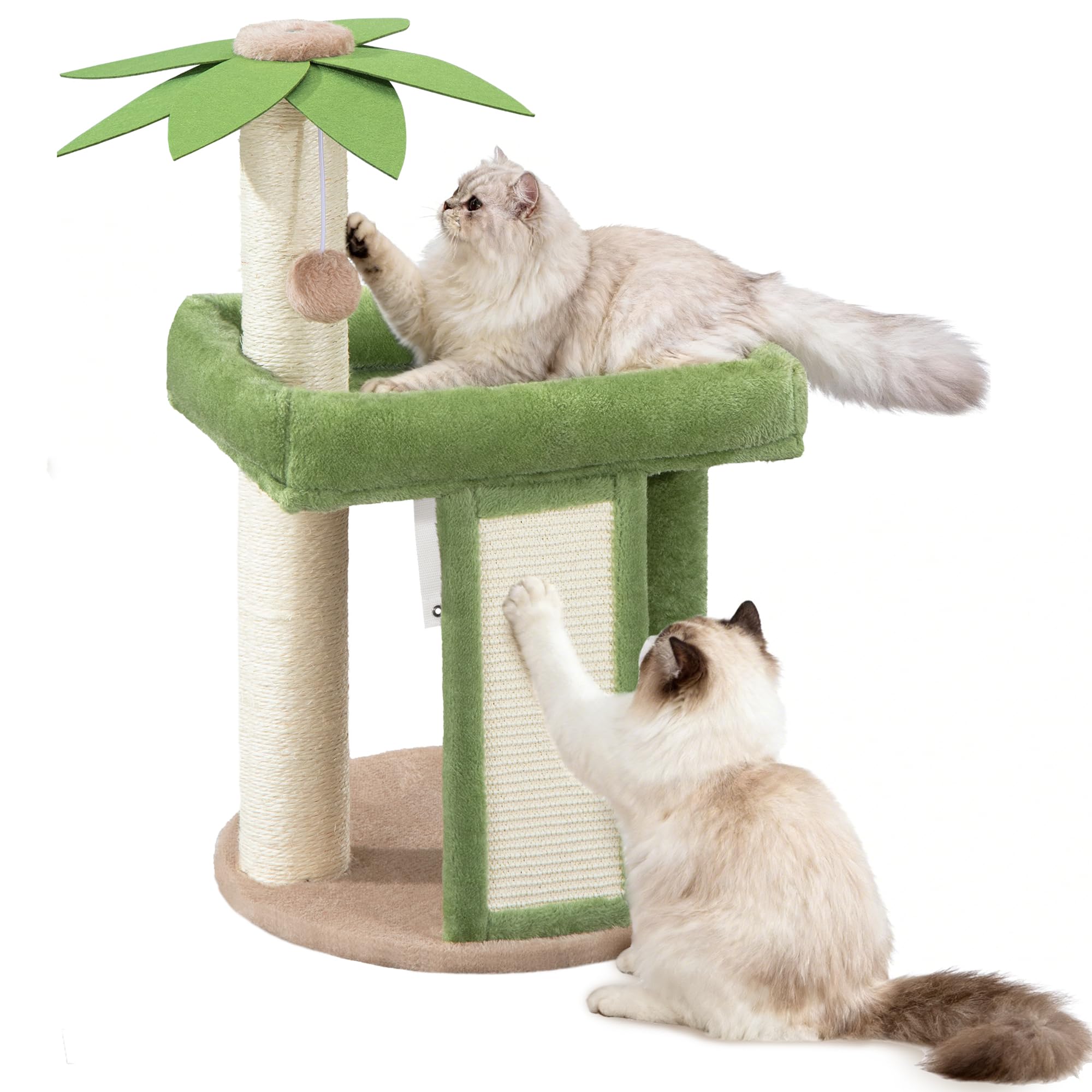 Fobyfurny Cat Tree for Indoor Cats, 70 cm Multi-Level Cat Tower, Coconut tree shape with a Single Scratching Board, Scratching Posts, Soft Cozy Resting Platform, Pompom, Green and Brown FPMS008FK1