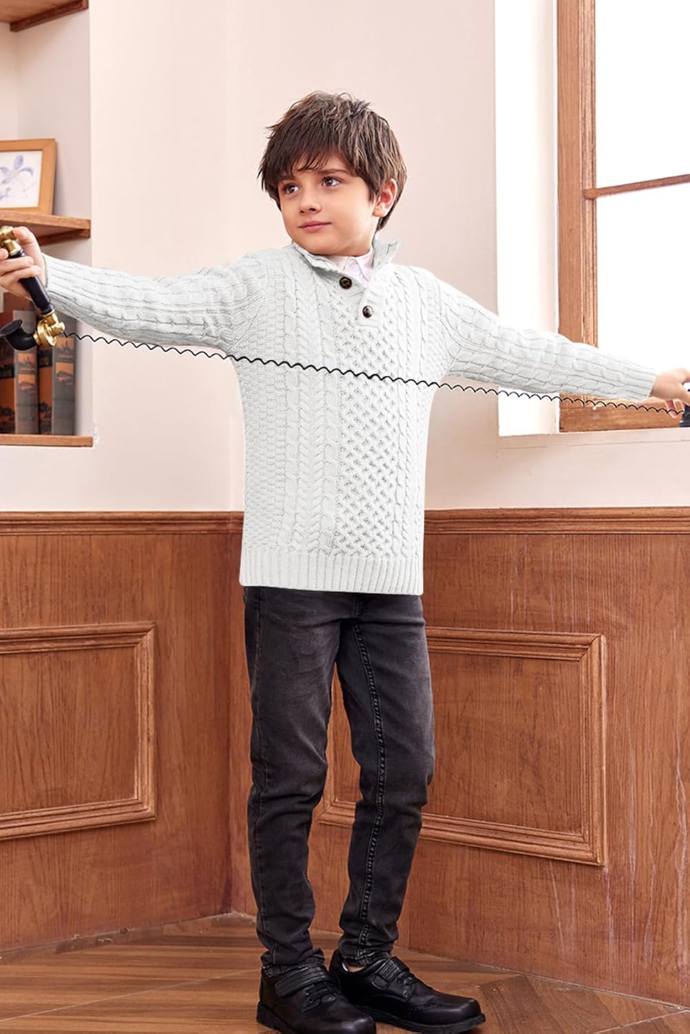 Makkrom Kids and Boys Mock Neck Pullover Sweater Long Sleeve Button Cable Knitted Jumper - Image 5