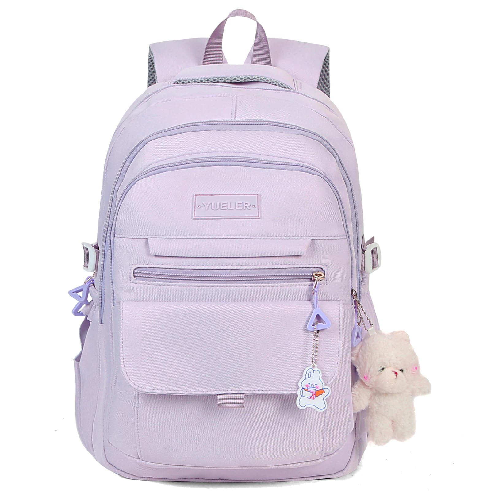 PRLINJSK Girls Backpack for College High Middle School Student, Cute Aesthetic Bookbag for Teens Women with Accessories，Purple
