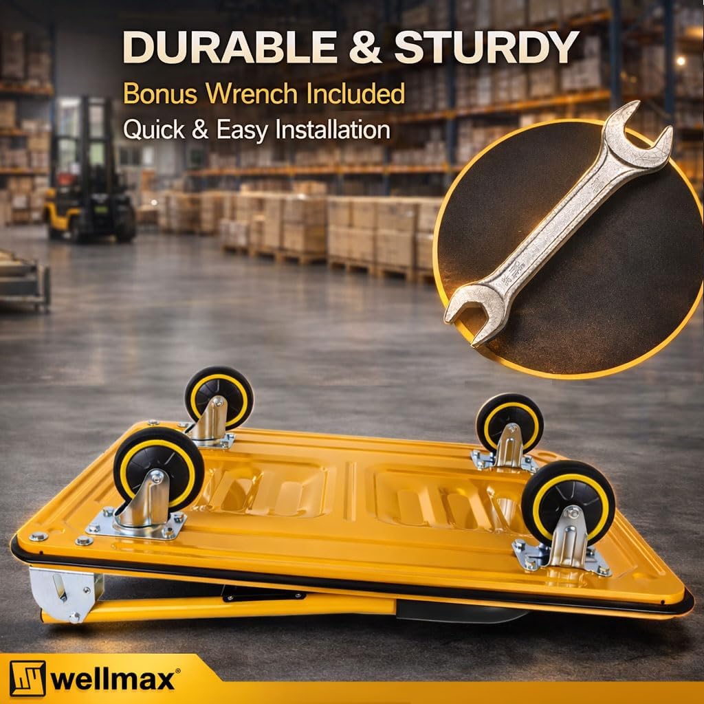 Push Cart Dolly by Wellmax, Moving Platform Hand Truck, Foldable for Easy Storage and 360 Degree Swivel Wheels with 330lb Weight Capacity, Yellow Color