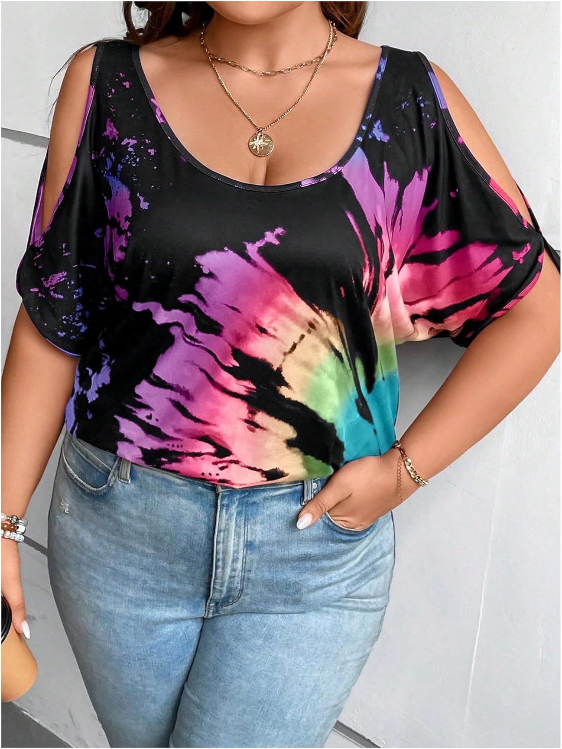 SOLY HUX Women's Plus Size Tops Tie Dye Cold Shoulder Short Sleeve Scoop Neck Tee T Shirts - Image 5