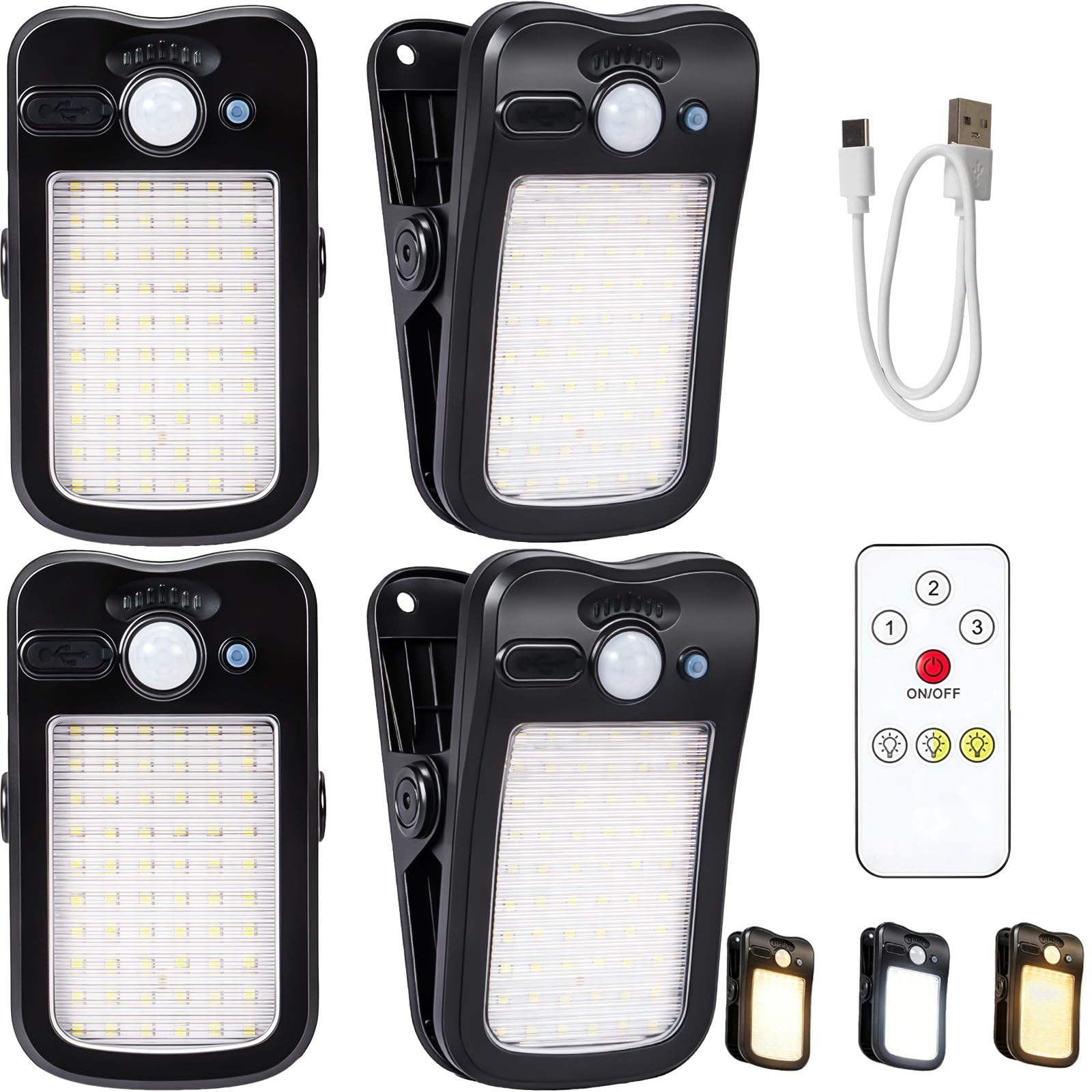 Solarleuchten mit Bewegungsmelder zum Anklippen, für den Außenbereich, mit Fernbedienung, 4 Stück, solarbetrieben und USB-Aufladung, 60 LEDs, 3 Farbtemperatur, 3 Modi, wasserdichte