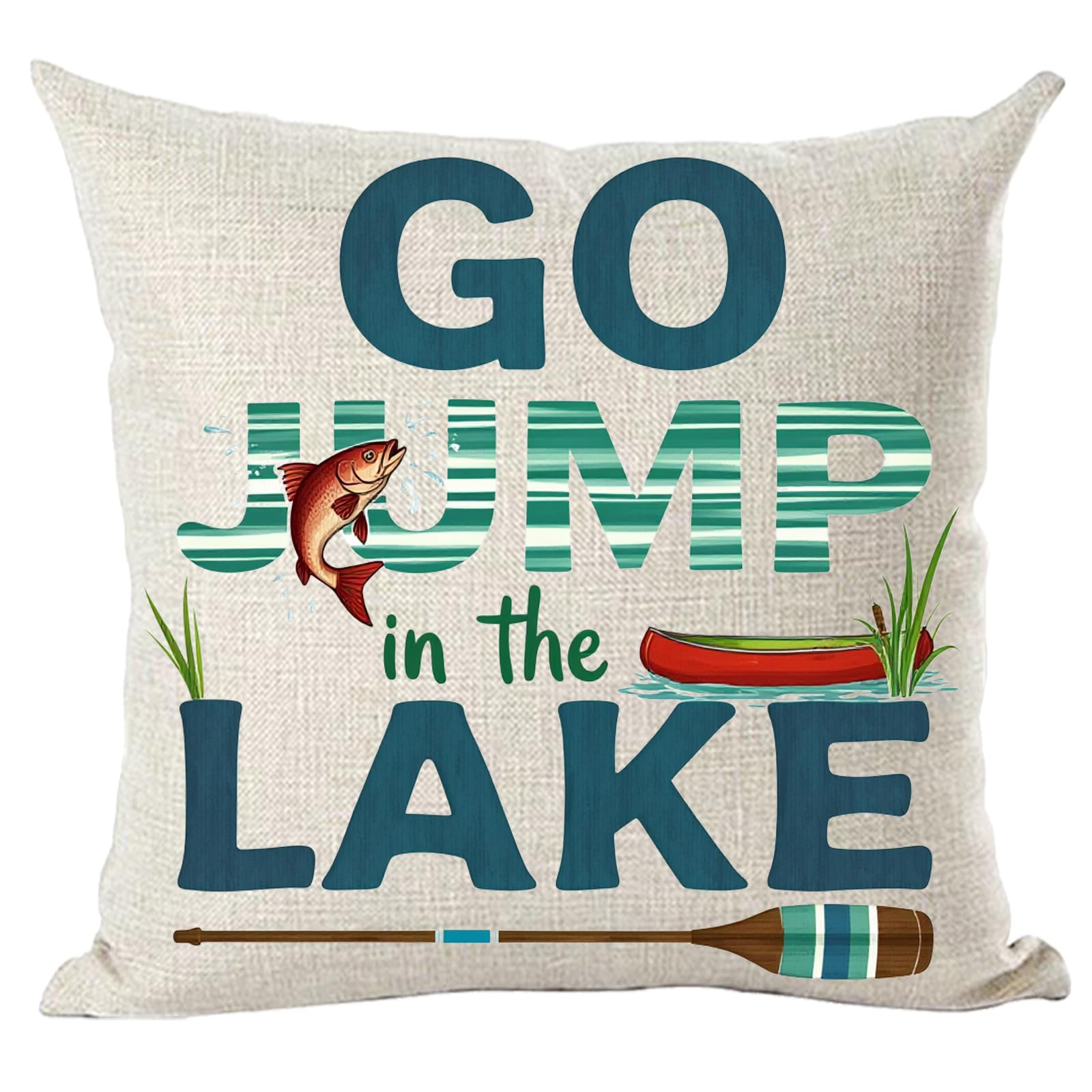 Ramirar Blue Green Word Art Go Jump in The Lake Fish Summer Decorative Throw Pillow Cover Case Home Living Room Bed Sofa Car Cotton Linen Square 18 x