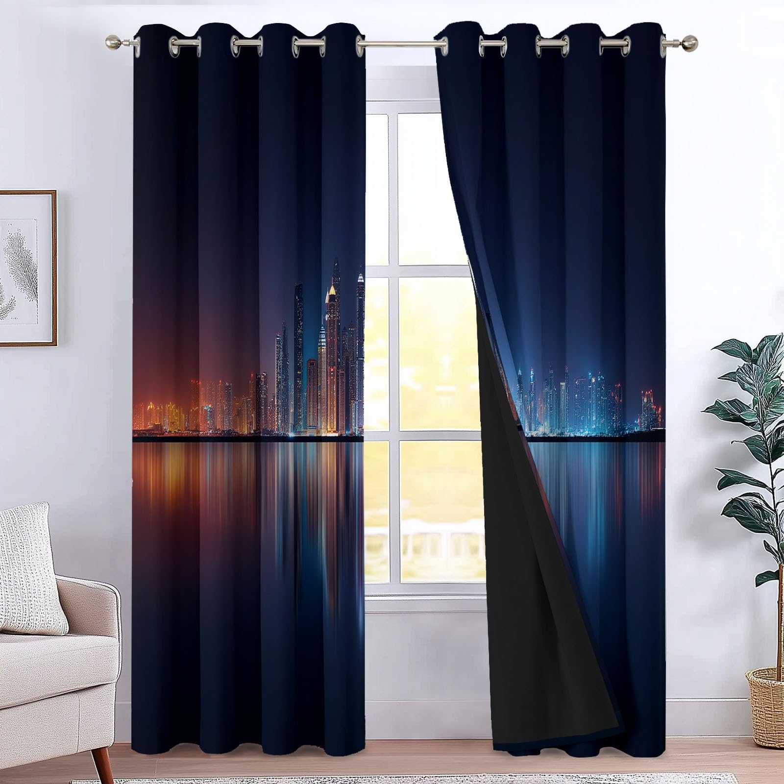 Générique Zasłony izolowane termicznie, 140 L x 260 H cm, zestaw 2 nowoczesnych zasłon miejskich Dubaj z przelotkami zaciemniającymi i redukcją szumów do sypialni i salonu - ciemnoniebieskie