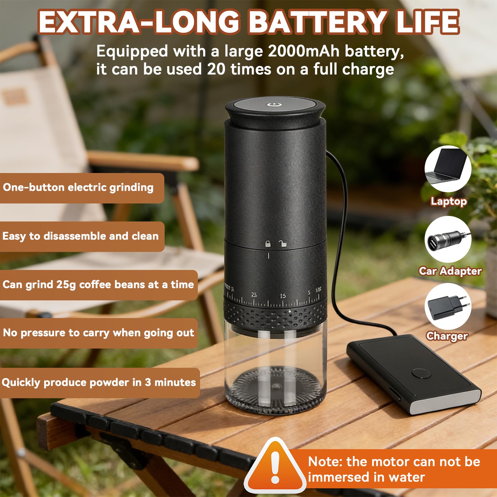 Macinacaffè Elettrico Portatile, Macinacaffè Conico In Ceramica, 38 Regolazioni della Macinatura e Display LED, 2000mAH Ricaricabile USB, Ideale per Casa, Ufficio, Campeggio e Viaggi (nero, L)