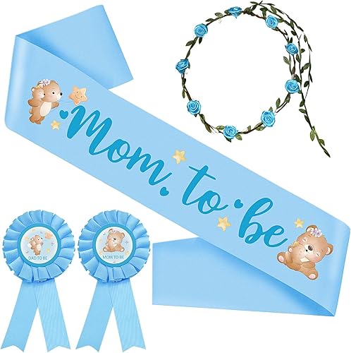 4 piezas temáticas de oso con banda para baby shower de papá y corona de flores azules para fiesta de revelación de género, decoración de baby