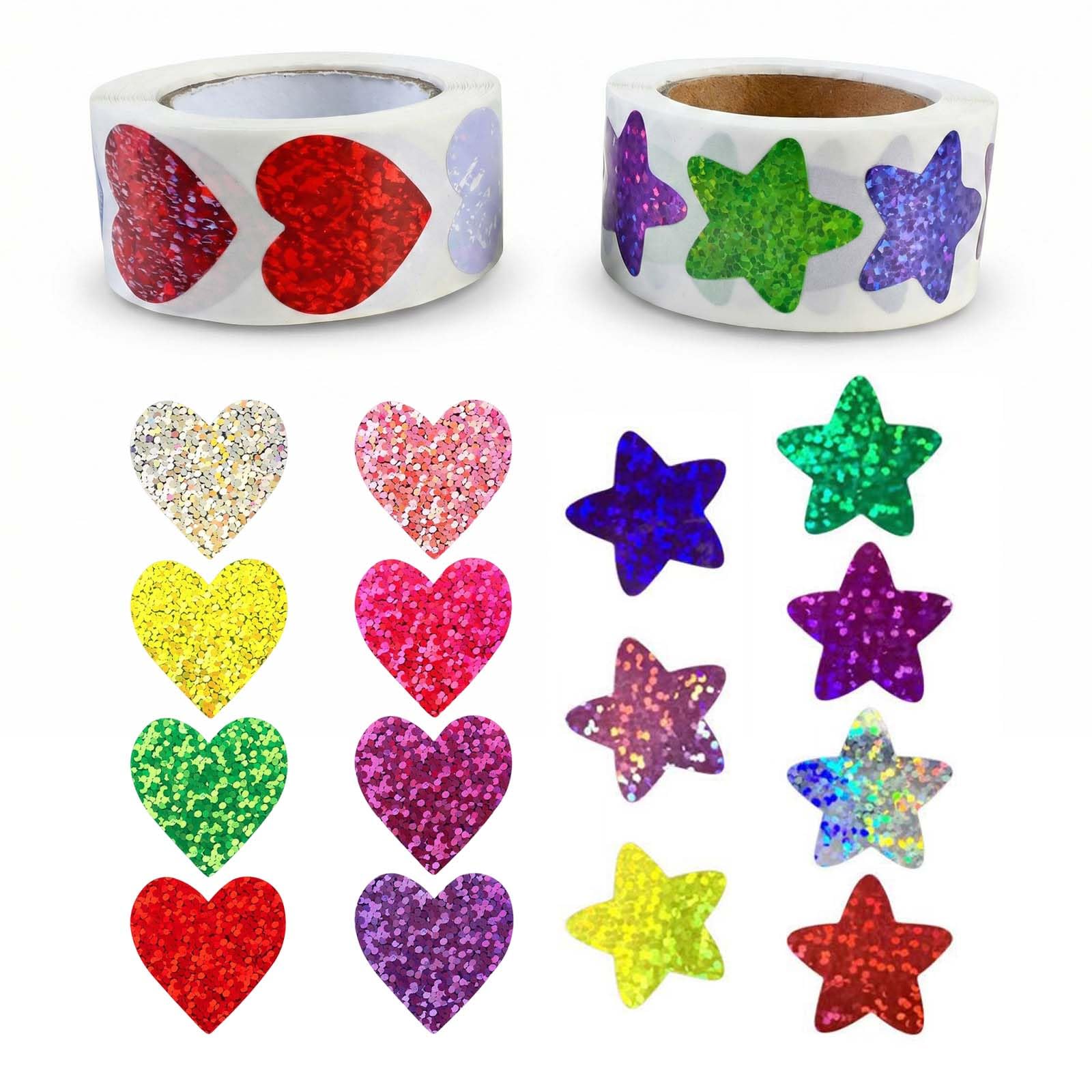 Merzio Multicolor 1000 Pcs Star Stickers And Heart Stickers, Self Adhesive Glitter Reward Stickers For Kids, Colorful Sparkly Stickers For Teachers Classroom Reward Chart Diy Crafts And Party Decoration