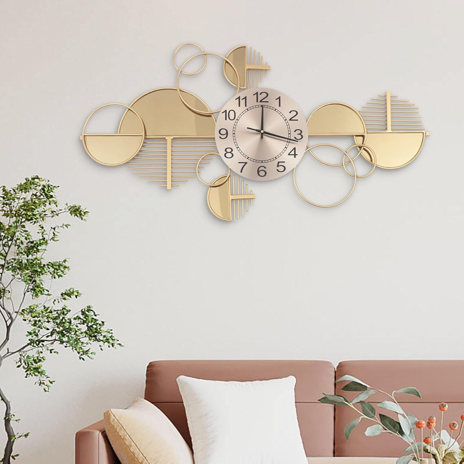 Large Wall Clock, 33''L × 17''H Modern Silent Wall Clock Gold Dial Metal Retro Clock for Indoor Living Room Kitchen Bedroom Lobby Home Decoration
