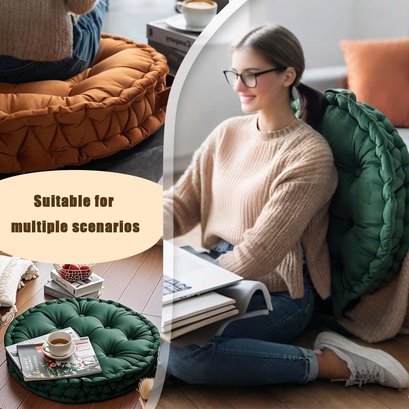 Runde Bodenkissen aus Samt, 61 cm, stilvolle Kissen für Yoga, Wohnzimmer, Balkon und Büro, weiche, bequeme Bodenstuhlmatten für Heimdekoration, 2 Stück
