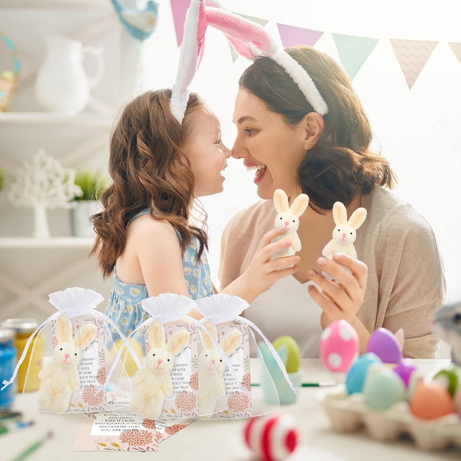 Fuutreo 24 Sets Bunny Stuffed Animal Gift Easter Decorations Mini Plush Bunny Stuffed with Thank You Hug Cards Organza Bags for Easter Employee Teacher Students Birthday Party Favors(Pink Nose Bunny)