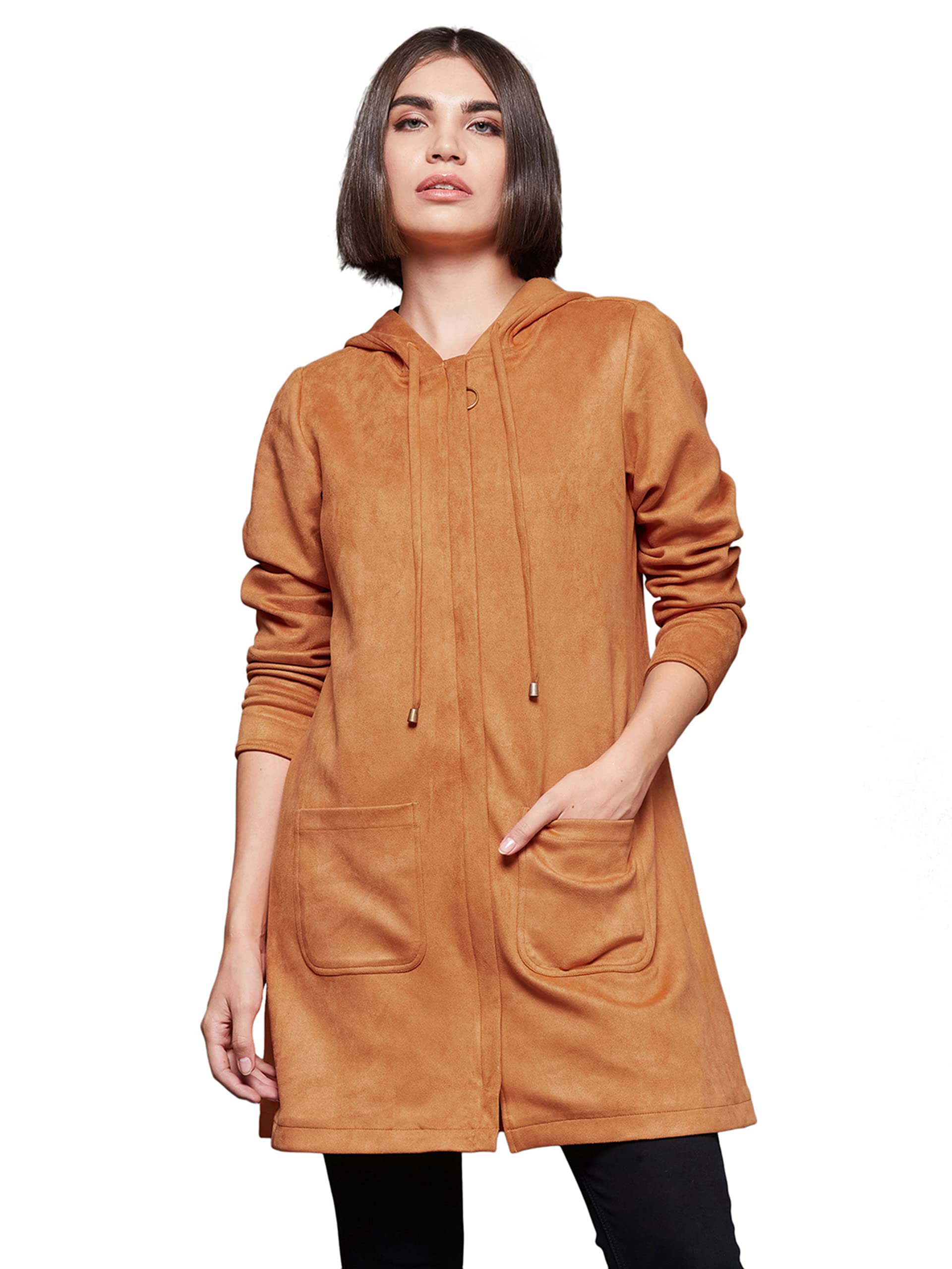 miss chase Women's Burnt Orange Solid Hooded Neck Full Sleeves Casual Winter Wear Polyester Jacket-picture-33